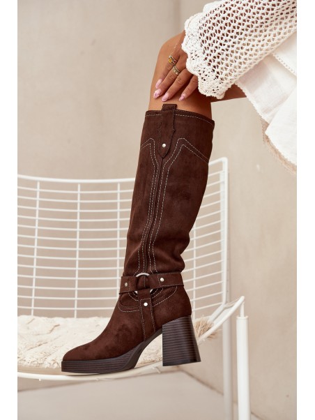 Warm women's heeled boots with stitching chocolate Alessara