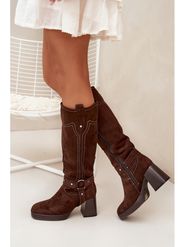 Warm women's heeled boots with stitching chocolate Alessara