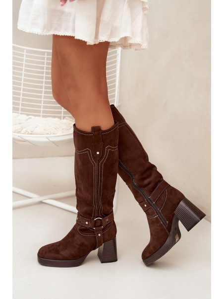 Warm women's heeled boots with stitching chocolate Alessara
