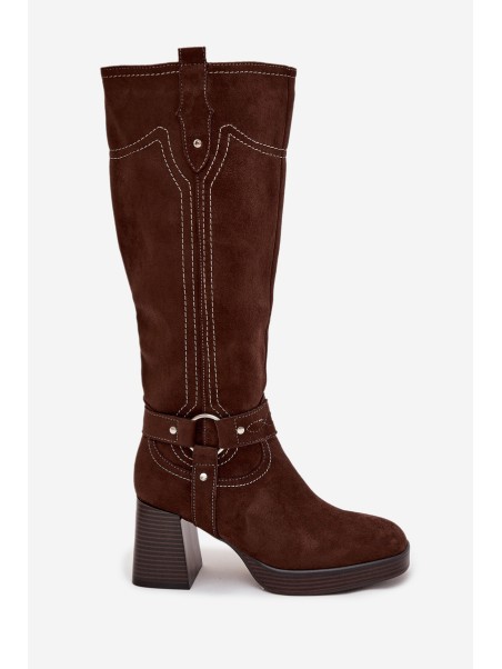 Warm women's heeled boots with stitching chocolate Alessara