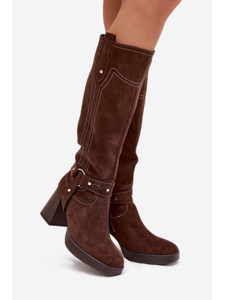 Warm women's heeled boots with stitching chocolate Alessara