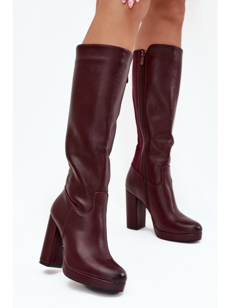 Women Knee High Boots On Heels Eco Leather Burgundy Thalina