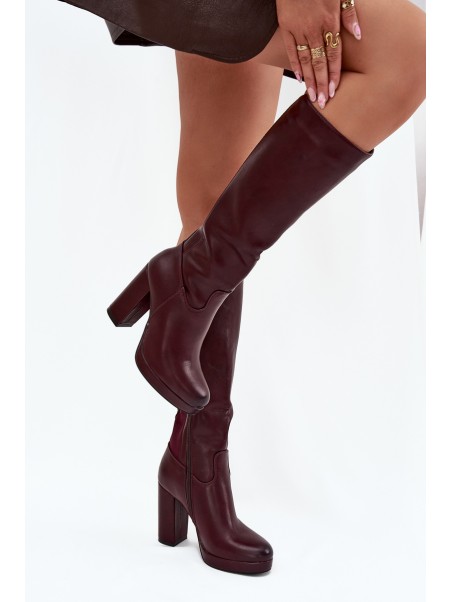 Women Knee High Boots On Heels Eco Leather Burgundy Thalina