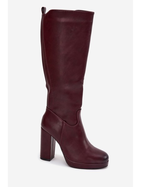 Women Knee High Boots On Heels Eco Leather Burgundy Thalina