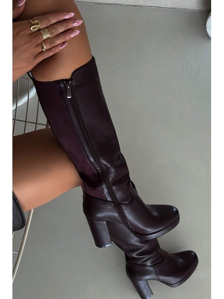 Women Knee High Boots On Heels Eco Leather Burgundy Thalina