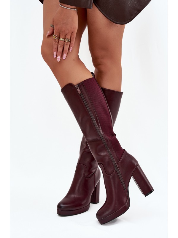 Women Knee High Boots On Heels Eco Leather Burgundy Thalina