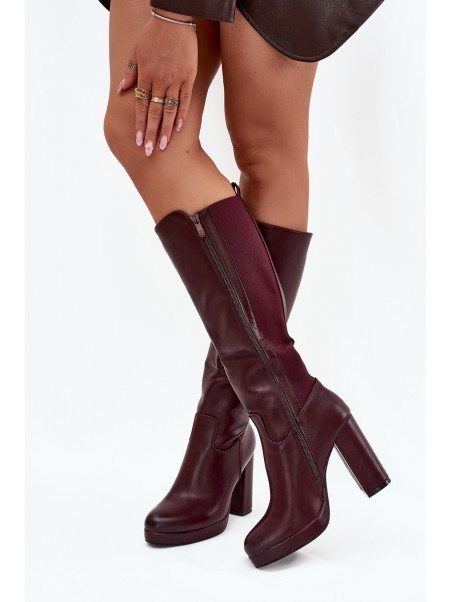 Women Knee High Boots On Heels Eco Leather Burgundy Thalina