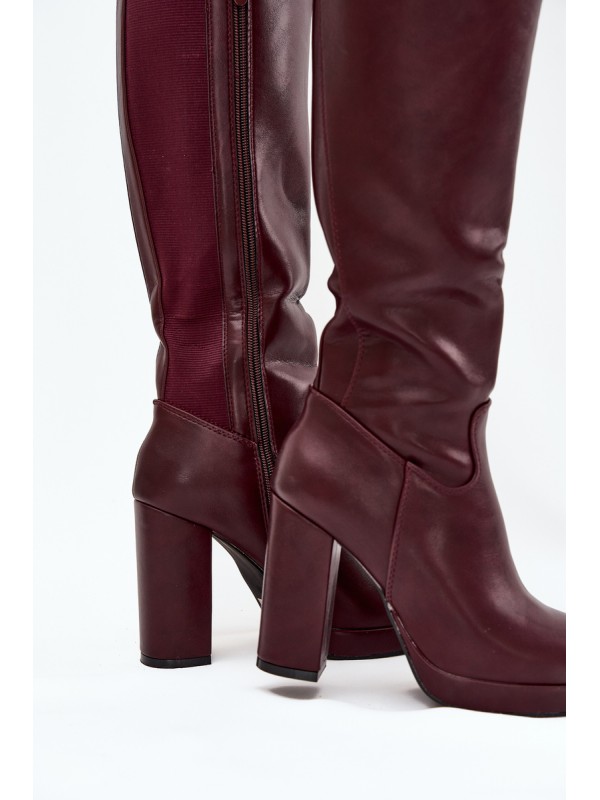Women Knee High Boots On Heels Eco Leather Burgundy Thalina