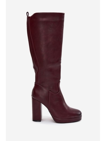 Women Knee High Boots On Heels Eco Leather Burgundy Thalina