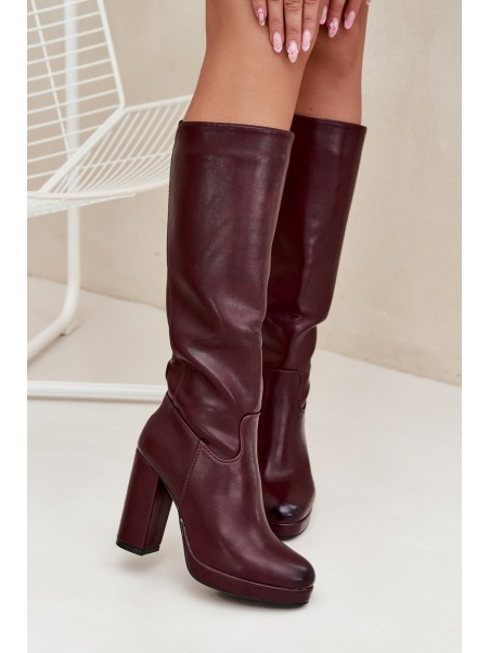 Women Knee High Boots On Heels Eco Leather Burgundy Thalina