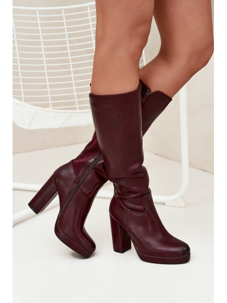 Women Knee High Boots On Heels Eco Leather Burgundy Thalina