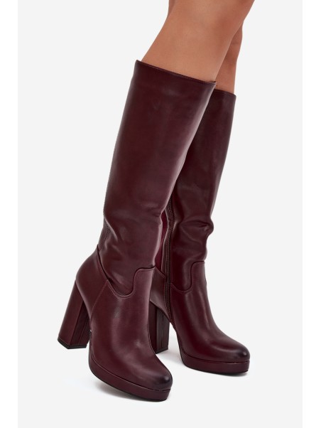 Women Knee High Boots On Heels Eco Leather Burgundy Thalina