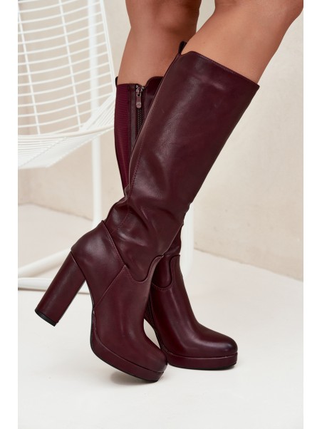 Women Knee High Boots On Heels Eco Leather Burgundy Thalina