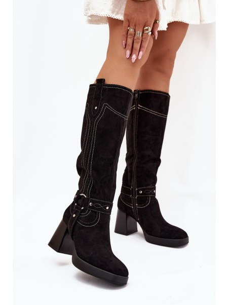 Insulated Women's Heeled Boots With Stitching Black Alessara
