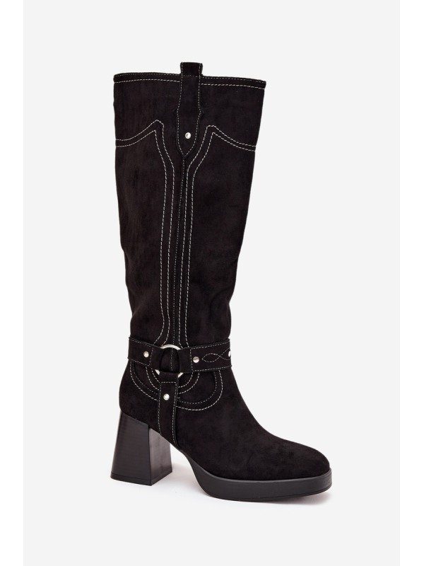 Insulated Women's Heeled Boots With Stitching Black Alessara