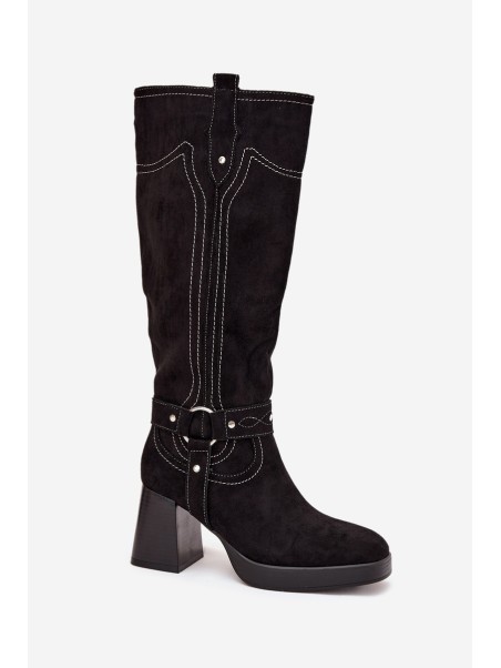 Insulated Women's Heeled Boots With Stitching Black Alessara