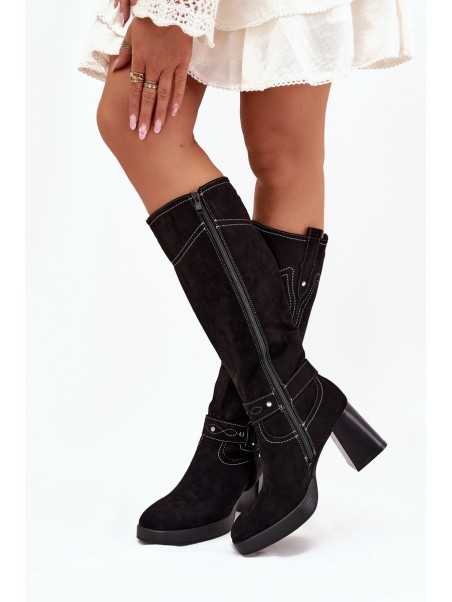 Insulated Women's Heeled Boots With Stitching Black Alessara