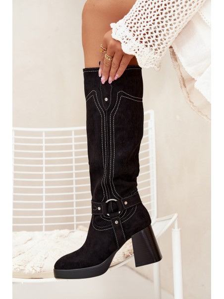 Insulated Women's Heeled Boots With Stitching Black Alessara