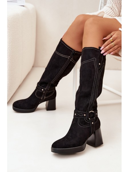 Insulated Women's Heeled Boots With Stitching Black Alessara