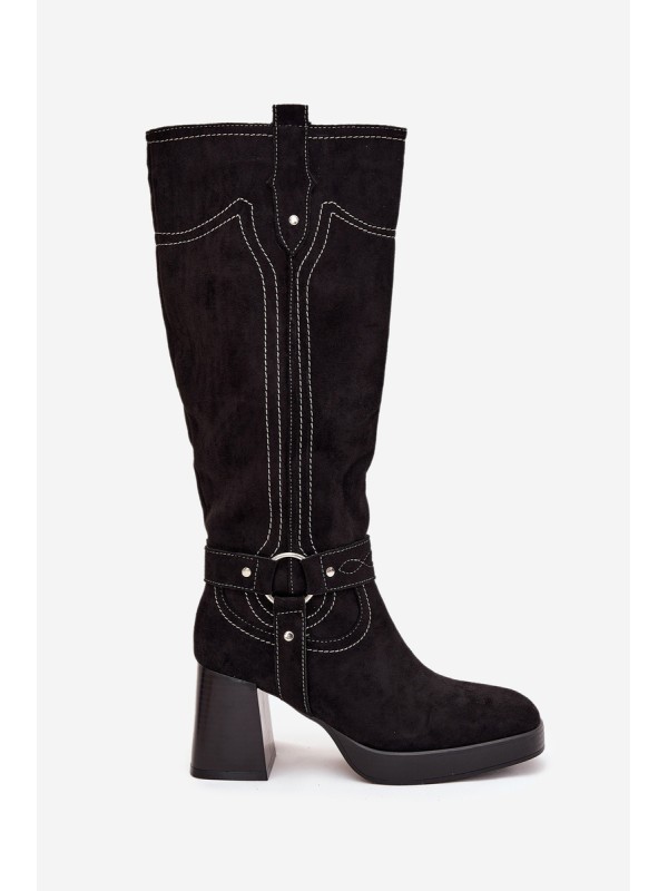 Insulated Women's Heeled Boots With Stitching Black Alessara