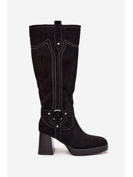 Insulated Women's Heeled Boots With Stitching Black Alessara