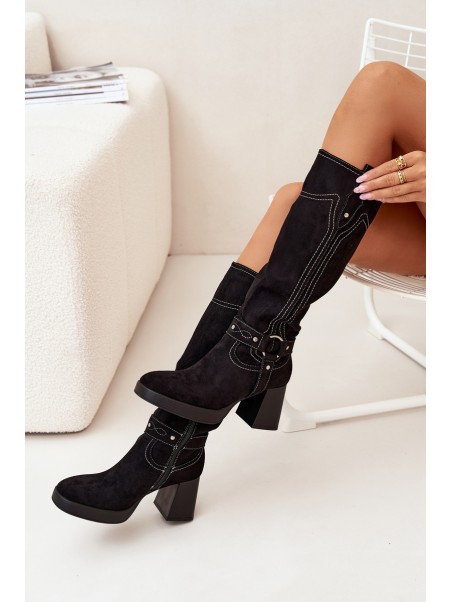 Insulated Women's Heeled Boots With Stitching Black Alessara