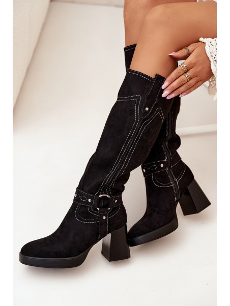 Insulated Women's Heeled Boots With Stitching Black Alessara