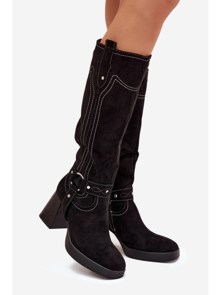 Insulated Women's Heeled Boots With Stitching Black Alessara