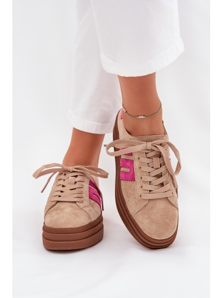Women's Platform Sneakers Made Of Natural Suede Beige-Pink Eldira