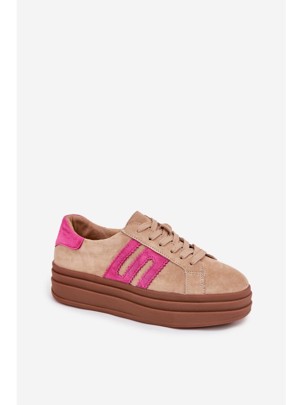Women's Platform Sneakers Made Of Natural Suede Beige-Pink Eldira