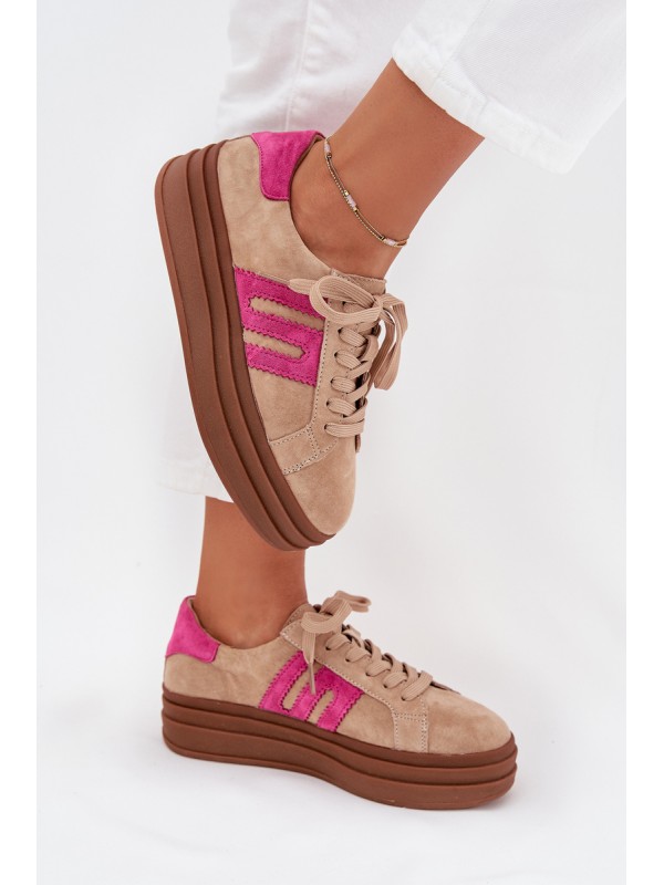 Women's Platform Sneakers Made Of Natural Suede Beige-Pink Eldira