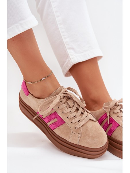 Women's Platform Sneakers Made Of Natural Suede Beige-Pink Eldira