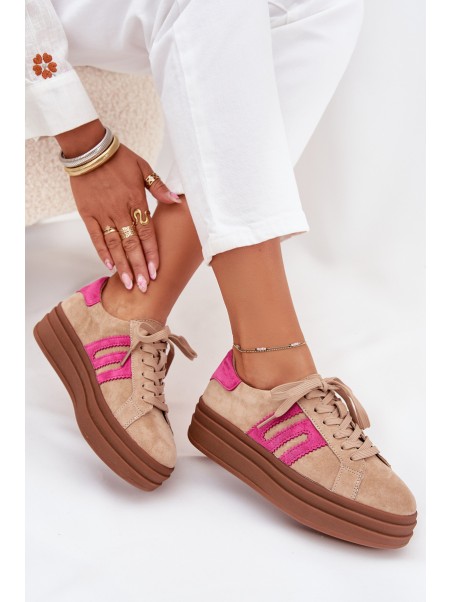 Women's Platform Sneakers Made Of Natural Suede Beige-Pink Eldira