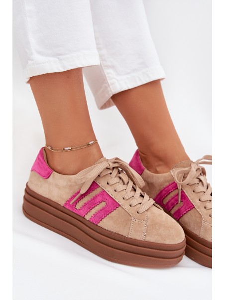 Women's Platform Sneakers Made Of Natural Suede Beige-Pink Eldira
