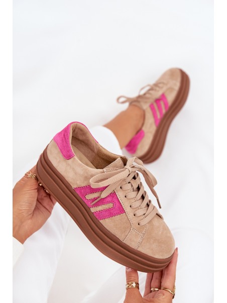 Women's Platform Sneakers Made Of Natural Suede Beige-Pink Eldira