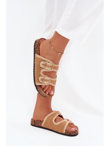 Crocheted Women's Slippers With Golden Buckles Camel Fenira
