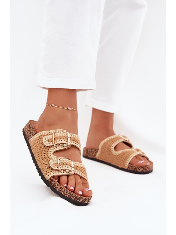 Crocheted Women's Slippers With Golden Buckles Camel Fenira 2