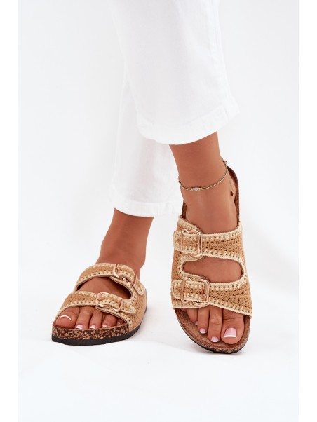 Crocheted Women's Slippers With Golden Buckles Camel Fenira