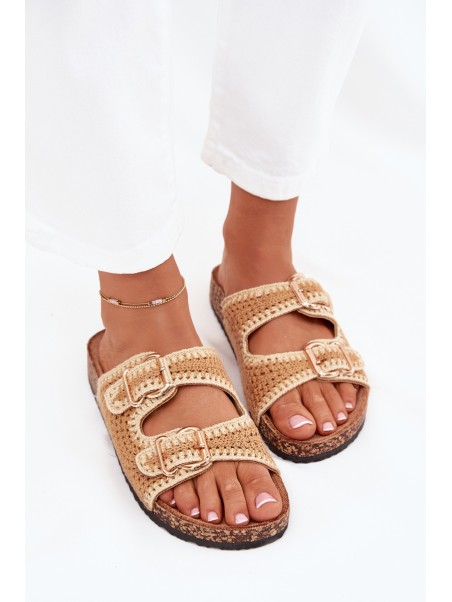 Crocheted Women's Slippers With Golden Buckles Camel Fenira