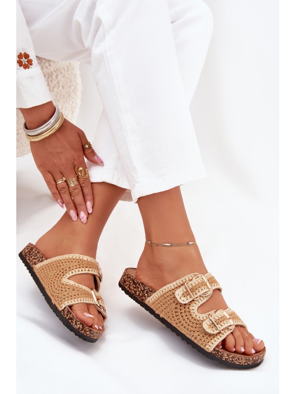Crocheted Women's Slippers With Golden Buckles Camel Fenira