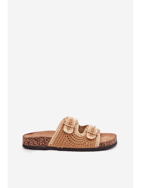 Crocheted Women's Slippers With Golden Buckles Camel Fenira