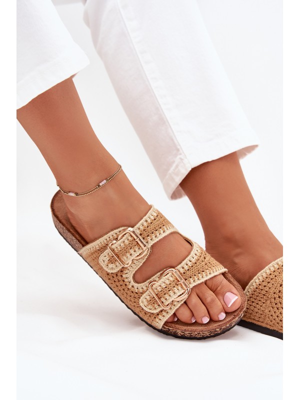 Crocheted Women's Slippers With Golden Buckles Camel Fenira