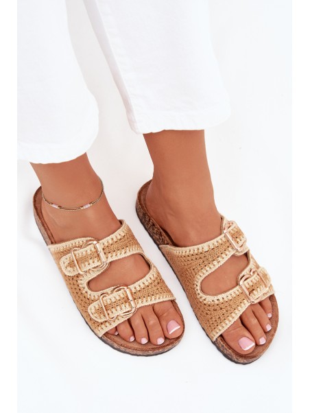 Crocheted Women's Slippers With Golden Buckles Camel Fenira