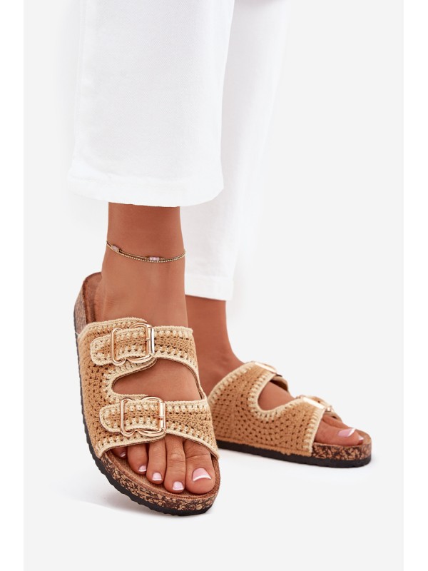 Crocheted Women's Slippers With Golden Buckles Camel Fenira
