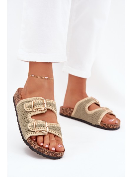 Crochet Women's Sandals With Golden Buckles Green Fenira