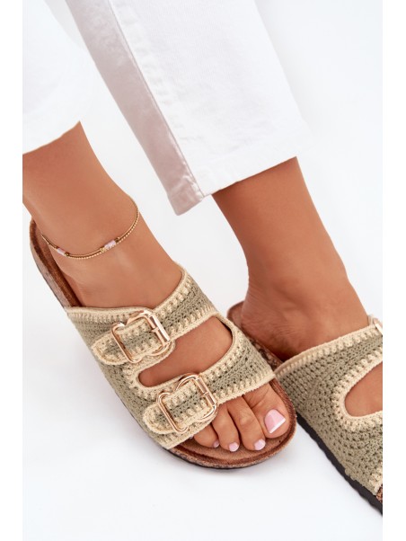 Crochet Women's Sandals With Golden Buckles Green Fenira