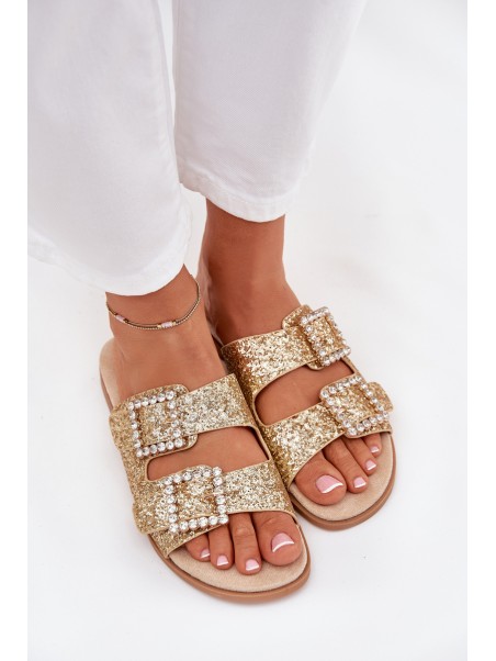 Shiny embellished flip flops with buckles on flat heel gold Tovira
