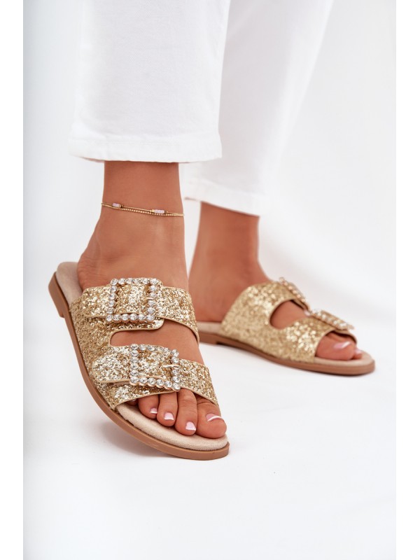 Shiny embellished flip flops with buckles on flat heel gold Tovira 2