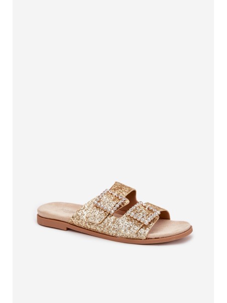 Shiny embellished flip flops with buckles on flat heel gold Tovira