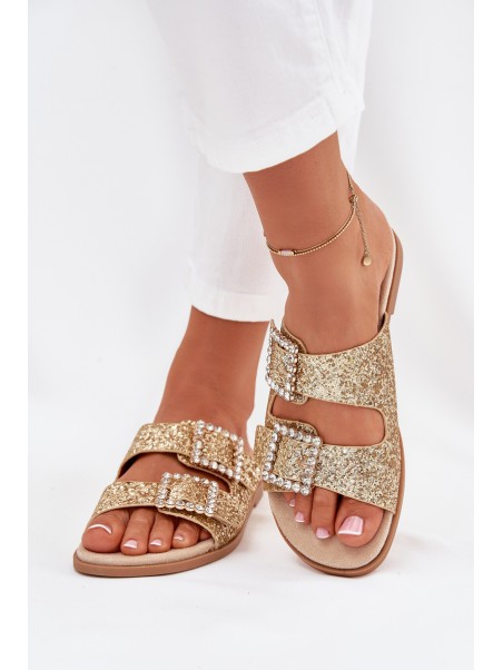 Shiny embellished flip flops with buckles on flat heel gold Tovira